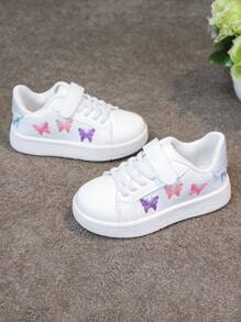 1 Pair Unisex Kids Casual Cartoon Butterfly Embroidery Hook And Loop Flat Breathable Sneakers, Campus Style Student Shoes