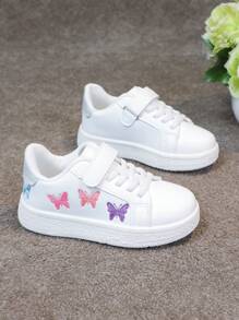 1 Pair Unisex Kids Casual Cartoon Butterfly Embroidery Hook And Loop Flat Breathable Sneakers, Campus Style Student Shoes