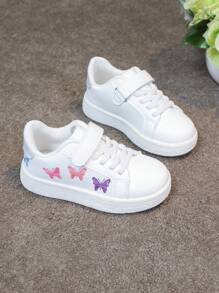 1 Pair Unisex Kids Casual Cartoon Butterfly Embroidery Hook And Loop Flat Breathable Sneakers, Campus Style Student Shoes