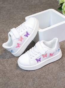 1 Pair Unisex Kids Casual Cartoon Butterfly Embroidery Hook And Loop Flat Breathable Sneakers, Campus Style Student Shoes