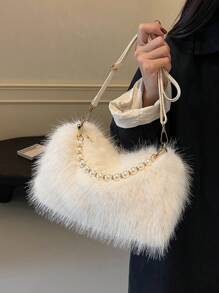 1pc Plain Color Fuzzy Shoulder Bag Crossbody Handbag Furry Bag For Women, Fashionable For Everyday Use, Autumn/Winter, New Arrival Fur Purse