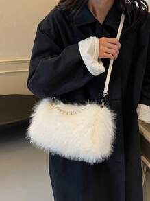1pc Plain Color Fuzzy Shoulder Bag Crossbody Handbag Furry Bag For Women, Fashionable For Everyday Use, Autumn/Winter, New Arrival Fur Purse