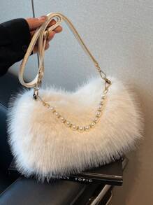 1pc Plain Color Fuzzy Shoulder Bag Crossbody Handbag Furry Bag For Women, Fashionable For Everyday Use, Autumn/Winter, New Arrival Fur Purse