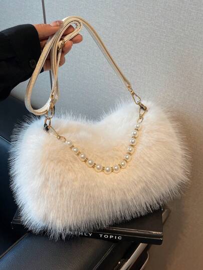 1pc Plain Color Fuzzy Shoulder Bag Crossbody Handbag Furry Bag For Women, Fashionable For Everyday Use, Autumn/Winter, New Arrival Fur Purse