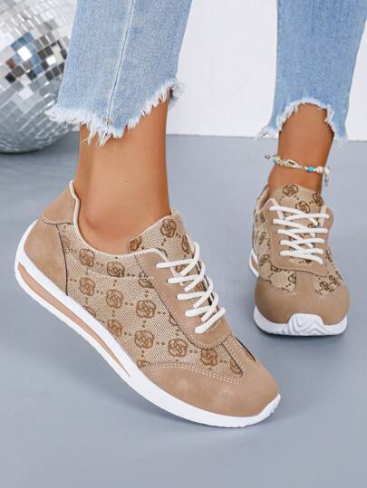 女士新款复古拼布随机花卉印花休闲运动鞋，时尚经典百搭学生运动鞋