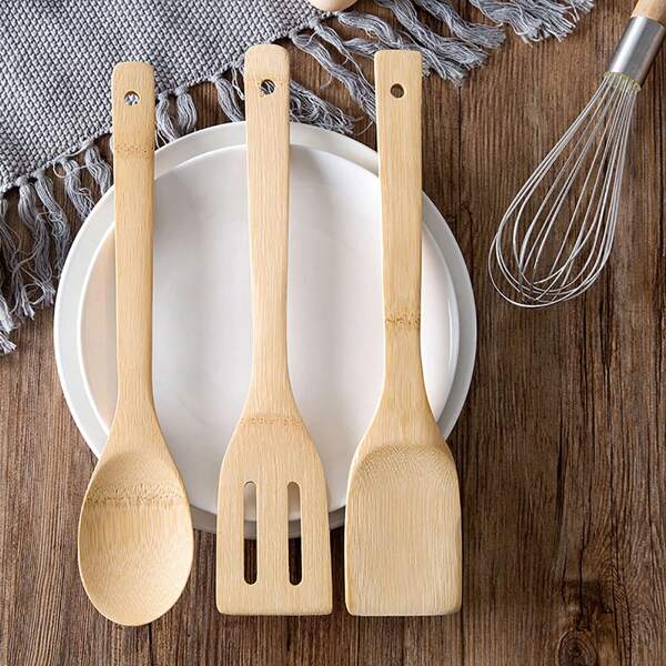 3pcs Bamboo Kitchen Utensils Set, Nonstick Pan Spatula & Solid Spoon, Long Handle Wooden Cooking Tools, Durable Bamboo Turner & Slotted Spatula Kit, Natural Wooden Kitchenware
