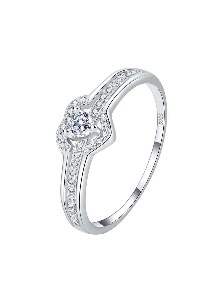 1pc 925 Sterling Silver Luxury Jewelry Heart Shaped Ring For Women, Elegant Geometry Heart Style, Faux Moissanite Ring, Perfect For Wedding, Anniversary, Valentine' Day Or Gift - Yellow - View 1