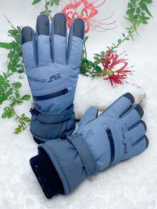 1 双时尚字母印花触屏手套，男女保暖内衬户外运动手套，防滑防风滑雪、单板滑雪骑行驾驶手套，可调节腕部设计保暖，冬季手套，暖手器，滑雪手套，雪地手套 - 大一號男女同款藍色 - 查看 3