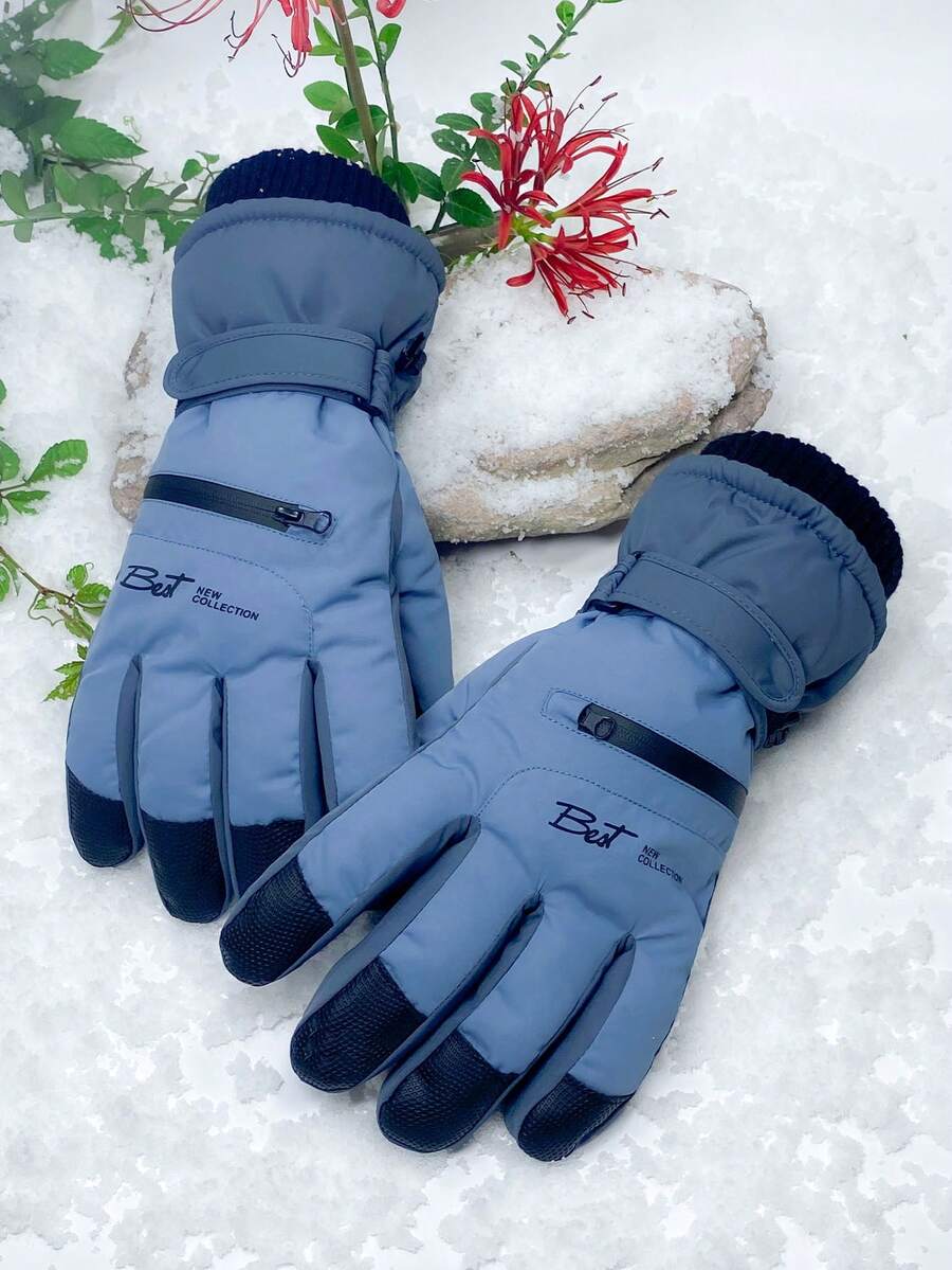 1 双时尚字母印花触屏手套，男女保暖内衬户外运动手套，防滑防风滑雪、单板滑雪骑行驾驶手套，可调节腕部设计保暖，冬季手套，暖手器，滑雪手套，雪地手套 - 大一號男女同款藍色 - 查看 1