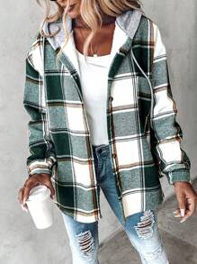 Plaid Print Buttoned Hooded Shacket
