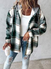 Plaid Print Buttoned Hooded Shacket