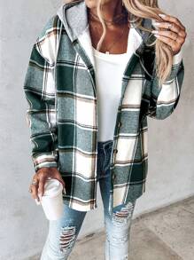 Plaid Print Buttoned Hooded Shacket