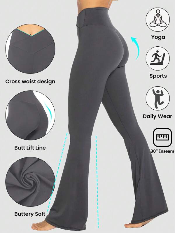 30" Inseam High-Waisted Flare Yoga Leggings For Women, Tummy Control Wide Leg Crossover Yoga Pants With Peach Butt Lifting