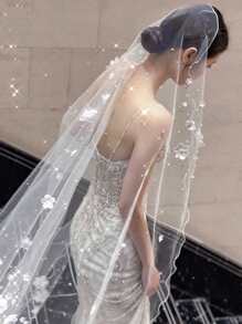 3 Meters Long Luxury Bridal Veil With 3D Floral Pattern, Suitable For Wedding Photography And Ceremony, Autumn Valentine's Day Accessories - Beige - View 5