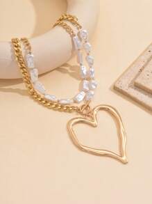 Set de 2 collares vintage con corazón de metal exagerado y perla artificial asimétrica, joyas de moda para mujer, regalo para el Día de la Madre