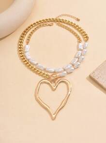 Set de 2 collares vintage con corazón de metal exagerado y perla artificial asimétrica, joyas de moda para mujer, regalo para el Día de la Madre