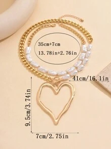 Set de 2 collares vintage con corazón de metal exagerado y perla artificial asimétrica, joyas de moda para mujer, regalo para el Día de la Madre