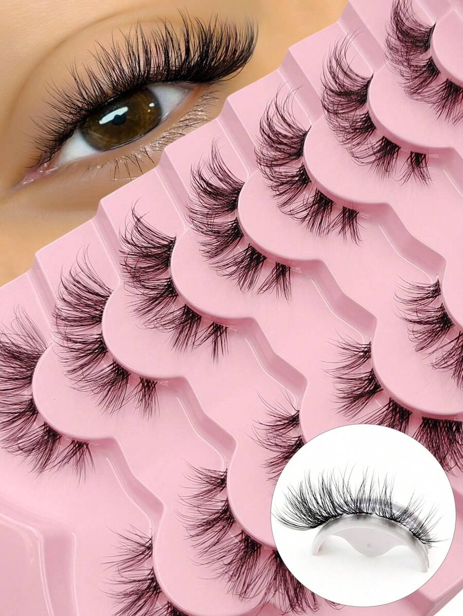 Asiteo 7 Pairs Cat Eyelashes Natural Long Fluffy And Soft False Lashes With Clear Band Faux Mink Lashes Natural Look End Eye Elongated Makeup Reusable Fake Eyelashes Strip Lashes, Lashes, Eyelashes, Fake Lashes