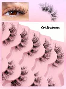 Asiteo 7 Pairs Cat Eyelashes Natural Long Fluffy And Soft False Lashes With Clear Band Faux Mink Lashes Natural Look End Eye Elongated Makeup Reusable Fake Eyelashes Strip Lashes, Lashes, Eyelashes, Fake Lashes - Black - View 3