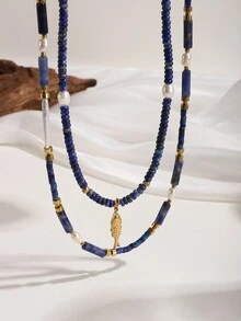 1 chiếc vòng cổ cá đính hạt ngọc trai và đá Sodalite thời trang, phù hợp cho cả nam và nữ, trang phục thường ngày hoặc quà tặng ngày lễ, TRANG SỨC ĐẸP MẮT - Màu xanh lam - Xem 5