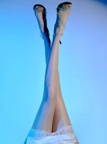 1 chiếc tất lụa sáng bóng cho nữ có dây thép, hiệu ứng cực quang, tất mỏng gợi cảm để mặc hàng ngày - Màu be - Xem 4