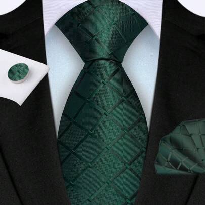 Set de 3 piezas para hombre: corbata, pañuelo y gemelos - Cuadros verde oliva, 8cm de ancho, conjunto de corbata de moda casual de alta calidad para boda, fiesta y negocios