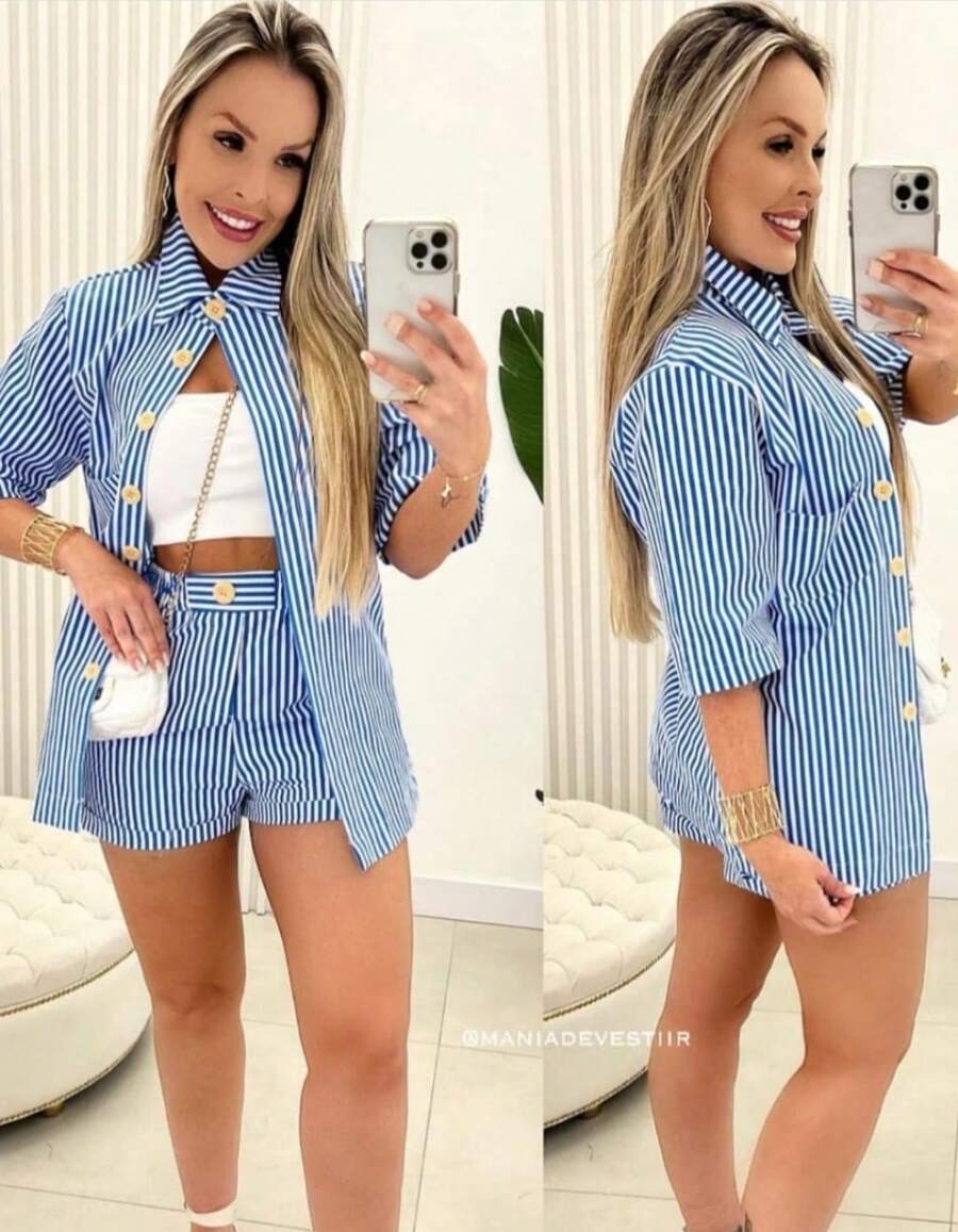 Conjunto jordania listrado - Azul - Visão 1