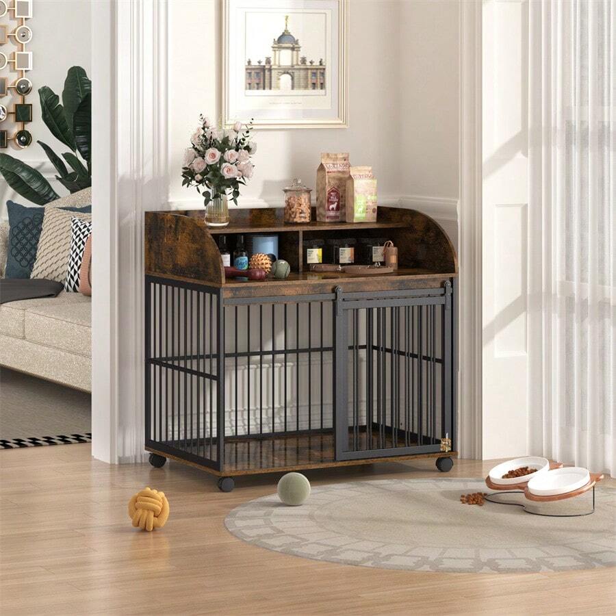 38'' Heavy Duty Dog Crate Furniture For Medium Dog With Lockable Wheels, Wooden Dog Crate Dog Kennel, End Table Crate With Double Layer Storage, Brown - 黑色 - 查看 1