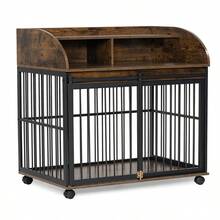 38'' Heavy Duty Dog Crate Furniture For Medium Dog With Lockable Wheels, Wooden Dog Crate Dog Kennel, End Table Crate With Double Layer Storage, Brown - 黑色 - 查看 6