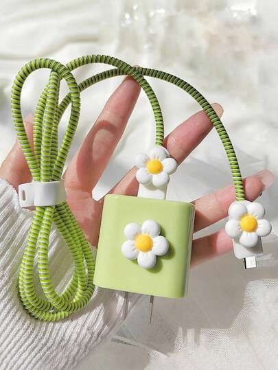 5pcs/Set Green & White Floral Print Cable Protector Cover, 1.5m Wire Winder, Cable Clip, Compatible With Apple 20W/18W Fast Charger, IPhone 14/15 1.5M Cable, Anti-Break And Tangle