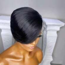 13*4*1 T-Part Lace Front Wig, Pixie Short Hair Wig, Human Hair Wig, 8 Inch Women's Glueless Bobbed Wig, Lace Front Short Layered Pixie Straight Hair Wig, Natural Black Short Pixie Hair Wig With Bangs, Side Part Pixie Short Hair Wig - Black - View 2
