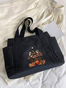 感恩图文定制百搭单肩包大容量帆布包教师资料办公包多口袋手提包高颜值通勤百搭文艺学生书包多功能收纳包 - 黑色 - 查看 2