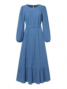 ZANZEA Women Round Neck Long Sleeve Ruffle Hem Belted Kaftan Party Casual Loose Long Dress - 藍色 - 查看 3