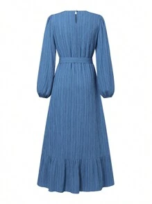 ZANZEA Women Round Neck Long Sleeve Ruffle Hem Belted Kaftan Party Casual Loose Long Dress - 藍色 - 查看 4