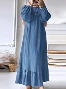 ZANZEA Women Round Neck Long Sleeve Ruffle Hem Belted Kaftan Party Casual Loose Long Dress - 藍色 - 查看 2