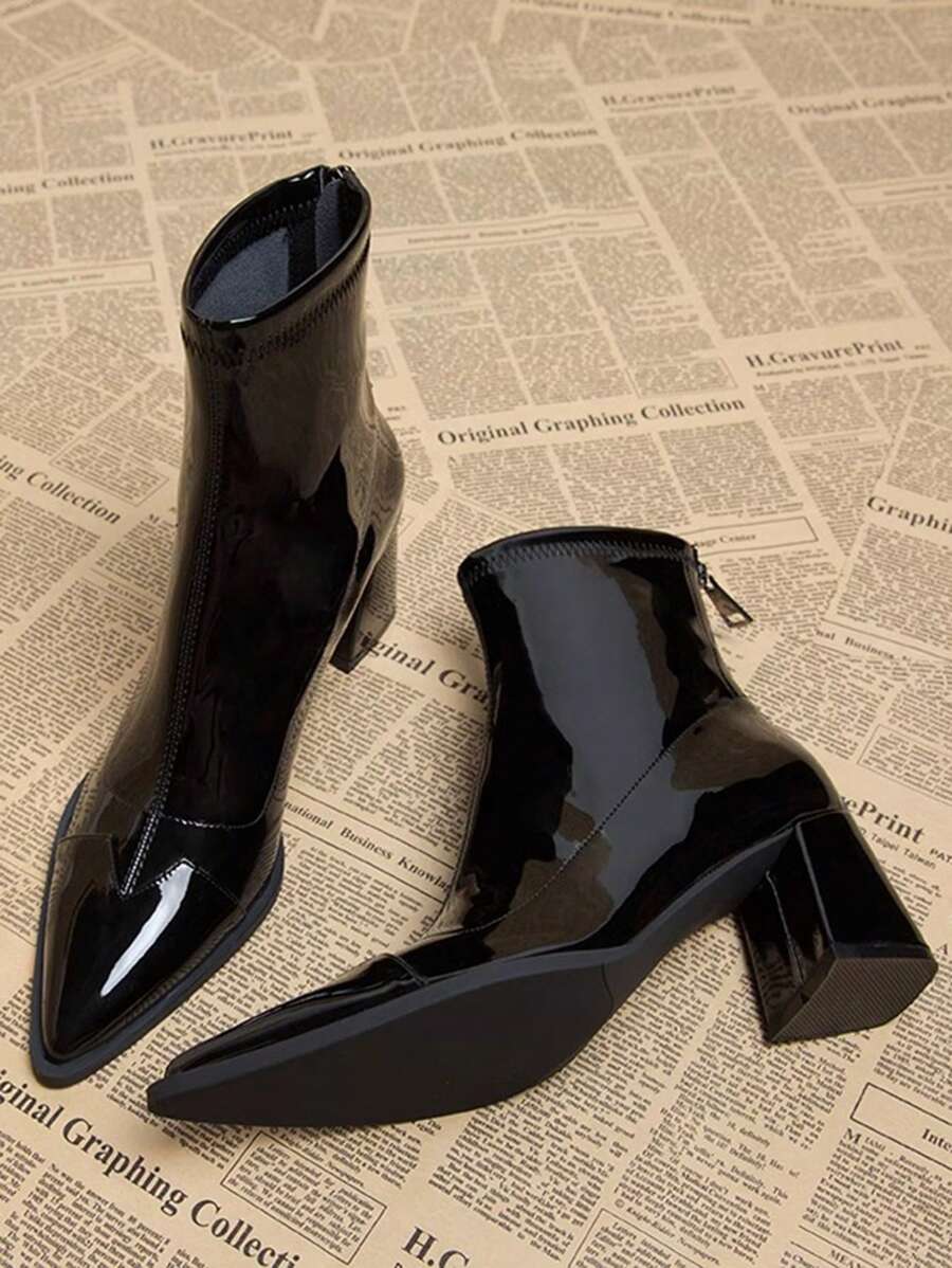 2025 Autumn New Elegant Women's Black Ankle Boots, Chunky Heels High Heels Pointed Toe Autumn/Winter Versatile Fashion Ankle Boots - Black - View 1