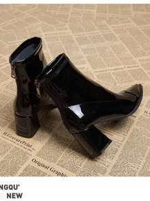 2025 Autumn New Elegant Women's Black Ankle Boots, Chunky Heels High Heels Pointed Toe Autumn/Winter Versatile Fashion Ankle Boots - Black - View 5