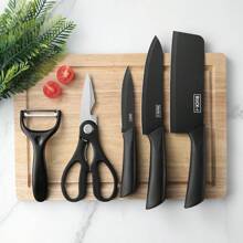 Black Five-Piece Stainless Steel Kitchen Knife Set With Knife Sheath, Household Chef Knives For Dormitory, Baby Food, Fruits