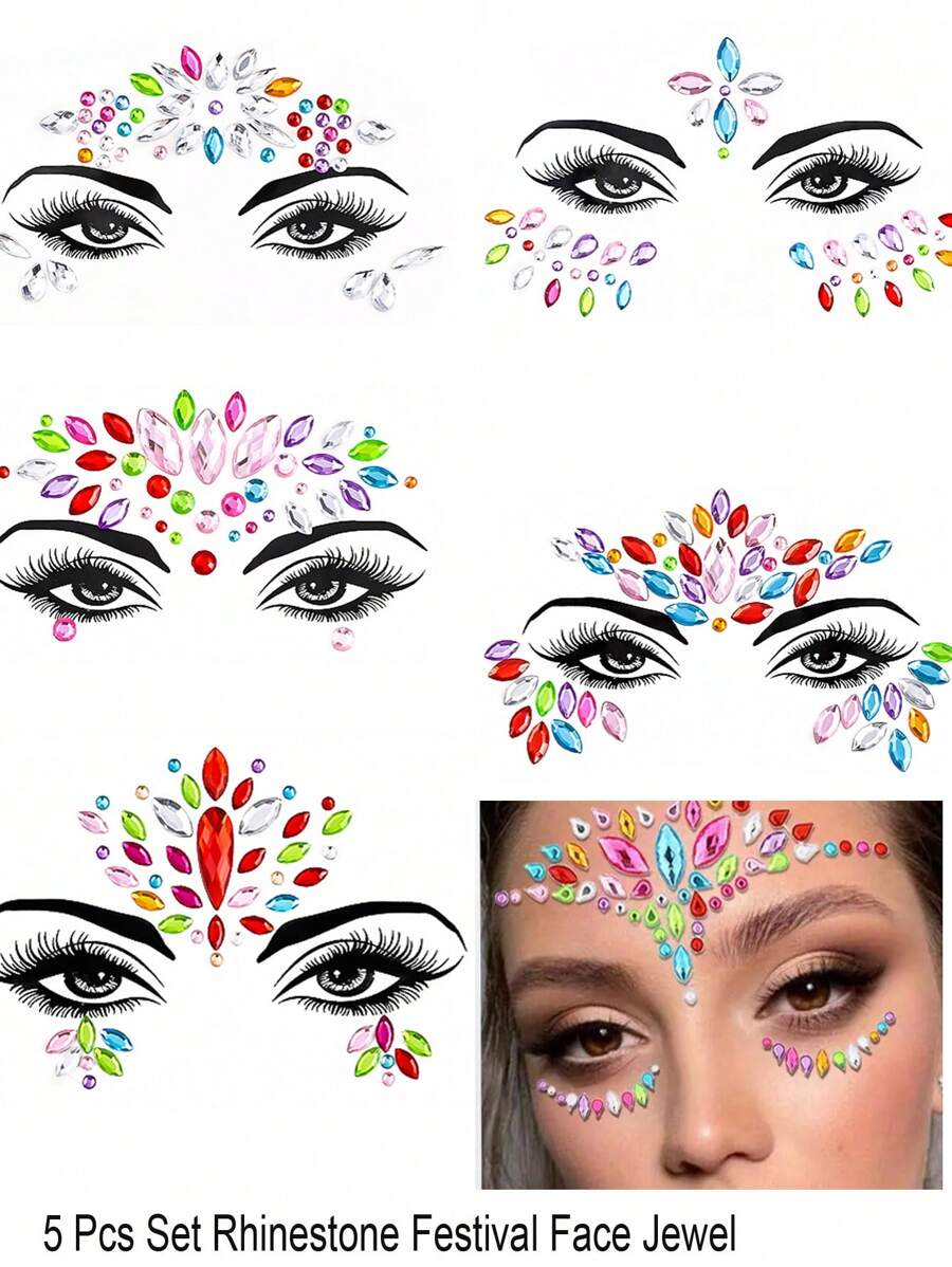 Set de 5 piezas de gemas faciales, 5 sets de gemas faciales autoadhesivas, rhinestones brillantes para la cara, diamantes adhesivos, tatuajes temporales, adecuados para festivales, mujeres, niñas, accesorios, manualidades, maquillaje/fiesta/Halloween/decoraciones navideñas (lindos, colores aleatorios)
