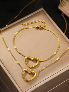 Set de 2 piezas de colgante en forma de corazón hueco de acero inoxidable + conjunto de joyas de pulsera, de moda y adecuado para uso diario, regalo