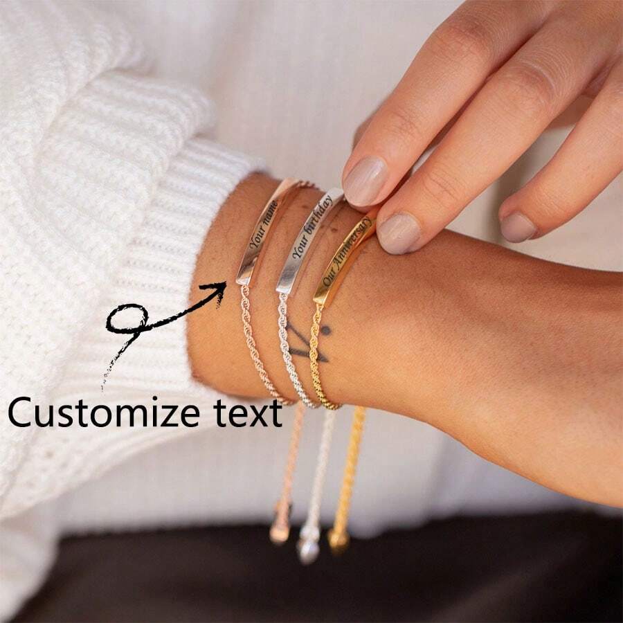 定制简约不锈钢手链，可调节激光雕刻姓名和日期，送给好朋友、圣诞节、情人节的珠宝礼物 - 金色 - 查看 1
