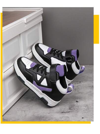 1 双儿童高帮运动鞋，PU 皮革休闲运动鞋，适合室内和室外，易穿，防滑，透气，舒适，时尚男女通用拼接老式厚底运动鞋