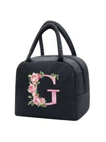 Isolierte Lunch Tasche, Kühltasche, Lunchbox, Kältepack, Blumen- und Buchstaben A-Z Muster Leinwand leichte tragbare Lunch Organizer Tasche, geeignet für Schule, Klassenzimmer, Uni, Büro, Camping und Picknick, Schulmaterial, Küchenorganisation, Küchen-Essentials, Lunchbox, Lunch Tasche, Damen Lehrer Picknick Tasche, Reise Kühltasche, Klassenzimmer Kühltasche, Damen Picknick Tasche - Schwarz - Übersicht 25