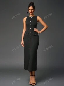 PARTHEA Vestido largo ajustado de cuello redondo sin mangas con cartera con botones