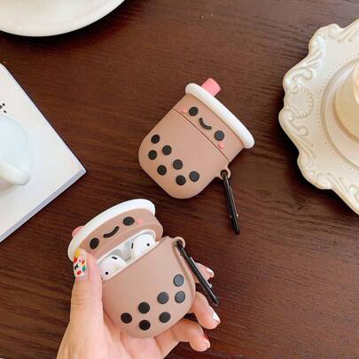 3D Cartoon lächelnder Perlen-Milchtee Kaffeetasse, sturzsichere Schlüsselanhänger Silikon Schutzhülle für Ohrhörer, kompatibel mit Apple AirPods 1/2/Pro/3, Freebuds