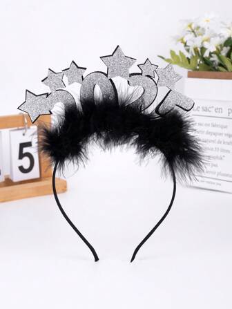 1 件 2025 新年快乐头带，适合女士女孩，闪亮 2025 星星发带，黑色羽毛银色闪光 2025 新年头带，金色 2025 圣诞快乐发带，优雅精致新年快乐派对头饰女士时尚发饰发箍