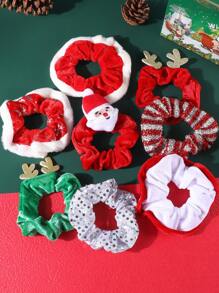 8 件女士圣诞发圈、圣诞老人、鹿角天鹅绒发圈、闪亮亮片发圈、红绿白圣诞发带发绺、松紧带马尾辫发饰，适合感恩节礼物和元旦节日派对 - 多色 - 查看 1