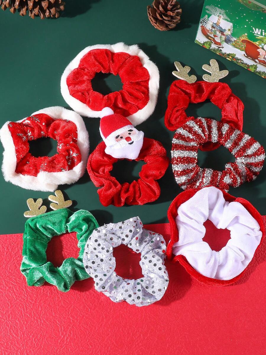 8 件女士圣诞发圈、圣诞老人、鹿角天鹅绒发圈、闪亮亮片发圈、红绿白圣诞发带发绺、松紧带马尾辫发饰，适合感恩节礼物和元旦节日派对 - 多色 - 查看 1