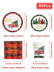 Bộ đồ ăn dùng một lần chủ đề Giáng sinh 40 món/bộ, họa tiết xe cây thông Noel cho 8 người, bao gồm 8 đĩa giấy 7 inch, 8 đĩa giấy dùng một lần 9 inch, 8 cốc giấy dùng một lần, 16 khăn ăn dùng một lần cho vật dụng trang trí tiệc gia đình ngày lễ Giáng sinh, đồ trang trí Giáng sinh, Halloween, đồ trang trí Halloween - xe cây thông giáng sinh - Xem 3