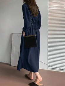 女式休闲纯色抽绳腰部纽扣前开襟衬衫裙，秋季 - 藍色 - 查看 5